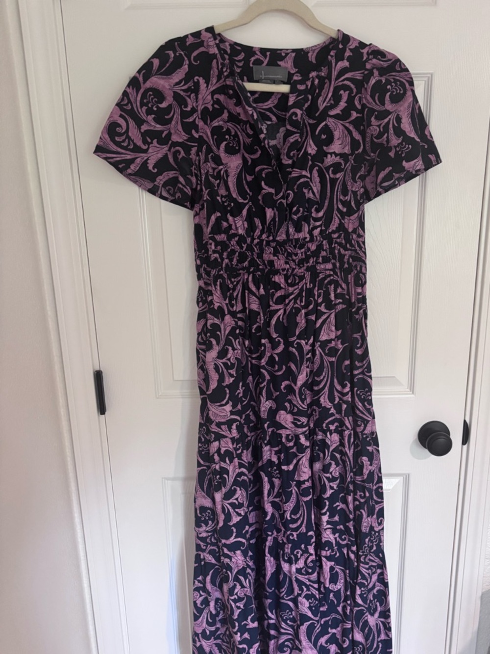 Anthropologie Somerset Navy and Lavender Scroll-Print Maxi Dress